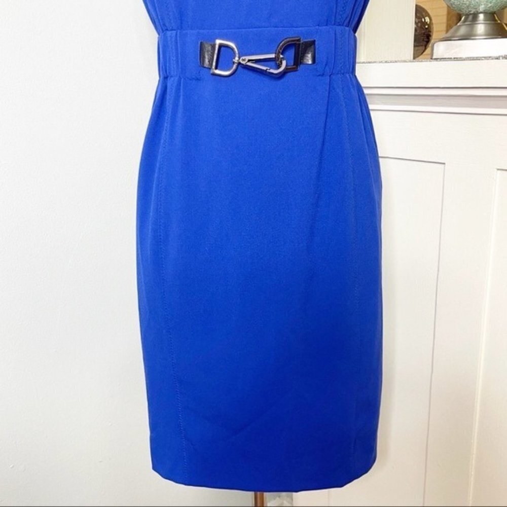 Calvin Klein Blue Sleeveless Sheath Dress with Elastic Buckle Waist Size 2 - Picture 4 of 10